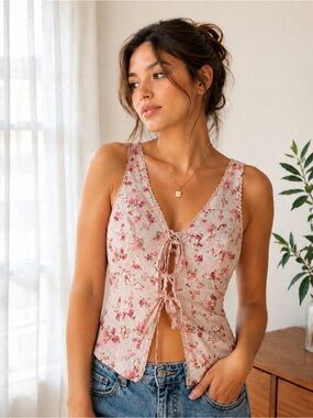 Pink Rose • Floral Tie Front 100% Cotton Tank